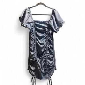 Love tree blueish grey mini ruched Dress Puffed Sleeves Large‎ Women's NWOT